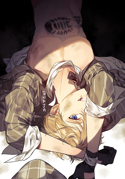 Anime picture 700x1000 with cyphers sorolp single tall image looking at viewer short hair blue eyes blonde hair smile signed lying sunlight bare belly on back open shirt upside down twisty sleeves freckles injury covering eye (eyes)
