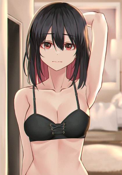 Anime picture 2802x4000 with original junkt729 single tall image looking at viewer fringe highres breasts light erotic black hair hair between eyes red eyes standing bare shoulders cleavage upper body red hair indoors multicolored hair arm up