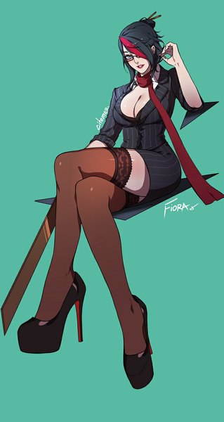 Anime picture 545x1024 with league of legends fiora (league of legends) gu-ko citemer single tall image blush fringe short hair breasts blue eyes light erotic black hair simple background red hair multicolored hair hair over one eye two-tone hair high heels streaked hair teacher