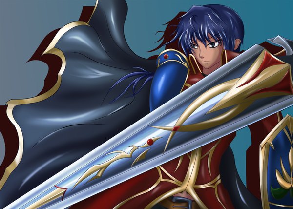 Anime picture 1680x1200 with original yui77 (artist) long hair blue hair looking away black eyes shadow boy weapon cloak huge weapon huge sword