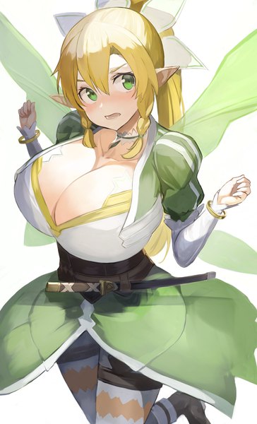 Anime picture 2302x3799 with sword art online a-1 pictures leafa mizuiro sanshou single long hair tall image blush fringe highres breasts open mouth light erotic simple background blonde hair hair between eyes standing white background green eyes payot