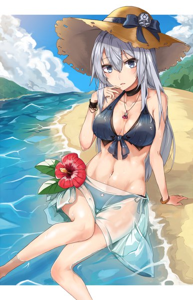 Anime picture 1200x1860 with original hasumushi single long hair tall image looking at viewer fringe breasts open mouth light erotic hair between eyes sitting payot sky cleavage cloud (clouds) outdoors head tilt fingernails grey hair