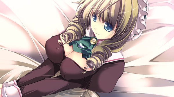 Anime picture 1280x720 with end sleep single long hair breasts blue eyes light erotic blonde hair smile wide image large breasts game cg drill hair girl dress bonnet