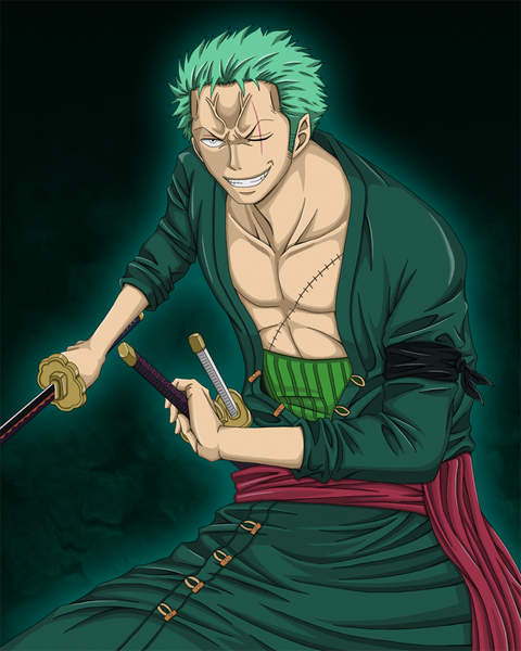 Anime picture 800x1000 with one piece toei animation roronoa zoro ammsterdamn single tall image short hair simple background smile standing holding looking away traditional clothes japanese clothes one eye closed green hair black eyes grin black background scar