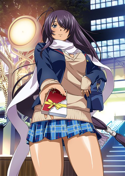 Anime picture 600x847 with ikkitousen kanu unchou single tall image looking at viewer fringe blue hair purple hair very long hair hair over one eye girl skirt uniform school uniform miniskirt scarf gift