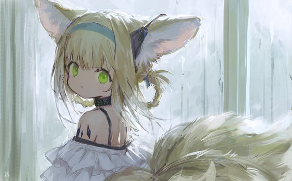 Anime picture 2048x1272 with arknights suzuran (arknights) sho (sho lwlw) single looking at viewer fringe highres short hair blonde hair wide image green eyes animal ears upper body tail animal tail fox ears turning head fox tail fox girl hair rings