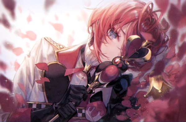 Anime picture 1200x792 with twisted wonderland riddle rosehearts roku (black1042393) single short hair blue eyes holding ahoge red hair lying sparkle on side covering eye (eyes) boy gloves petals black gloves crown mini crown