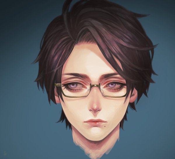 Anime picture 1653x1497 with axis powers hetalia studio deen austria (hetalia) fioletovyy single short hair simple background brown hair purple eyes looking away lips mole portrait blue background face mole under mouth boy glasses