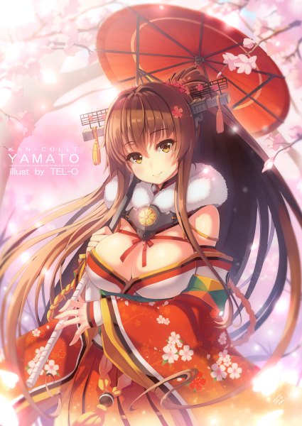 Anime picture 850x1200 with kantai collection yamato super battleship tel-o single long hair tall image looking at viewer breasts smile brown hair large breasts brown eyes ponytail traditional clothes japanese clothes inscription character names cherry blossoms floral print girl