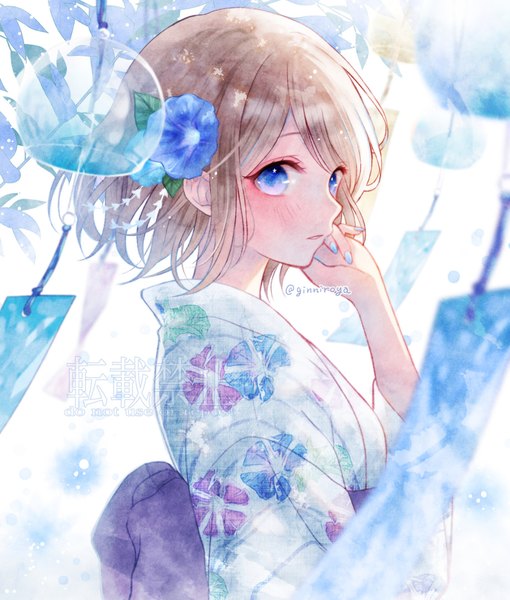 Anime picture 1156x1360 with original ginniroya single tall image blush short hair blue eyes brown hair signed upper body nail polish traditional clothes japanese clothes hair flower twitter username summer girl flower (flowers) yukata wind chime