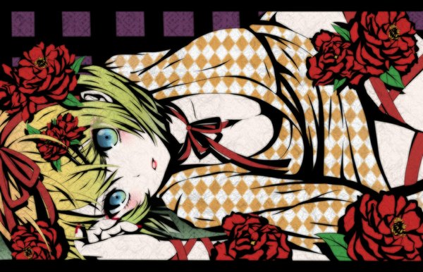 Anime picture 1000x644 with vocaloid kagamine rin nekoame single looking at viewer blush short hair blue eyes light erotic blonde hair japanese clothes girl flower (flowers) kimono camellia (flower)