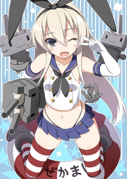 Anime picture 1000x1412 with kantai collection shimakaze destroyer rensouhou-chan suzuri single long hair tall image blush open mouth white hair one eye closed wink midriff grey eyes girl thighhighs gloves navel bow weapon