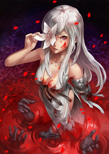 Anime picture 803x1136 with drakengard zero (drag-on dragoon) jiro (ninetysix) long hair tall image blush breasts light erotic bare shoulders cleavage silver hair light smile lips amputee flower over eye girl dress flower (flowers) petals white dress