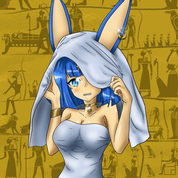 Anime picture 7087x7087 with original rainbow d fox single looking at viewer blush fringe highres short hair breasts blue eyes light erotic animal ears blue hair absurdres cleavage upper body arms up sparkle piercing facial mark