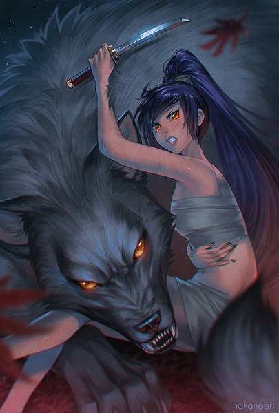 Anime picture 676x1000 with original nakanoart long hair tall image open mouth red eyes sitting bare shoulders signed animal ears yellow eyes purple hair bent knee (knees) ponytail tail animal tail teeth bare belly fang (fangs) wolf ears