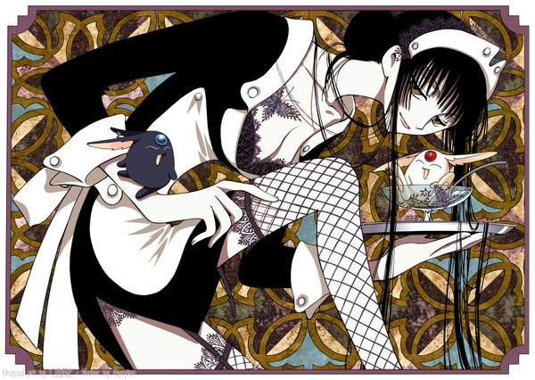 Anime picture 3724x2649 with xxxholic clamp ichihara yuuko mokona long hair highres light erotic black hair yellow eyes absurdres cleavage maid tattoo girl thighhighs