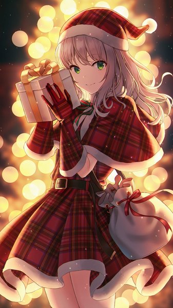 Anime picture 750x1334 with original hyuuga azuri single long hair tall image looking at viewer smile standing holding green eyes silver hair christmas plaid girl dress gloves hat elbow gloves gift santa claus hat