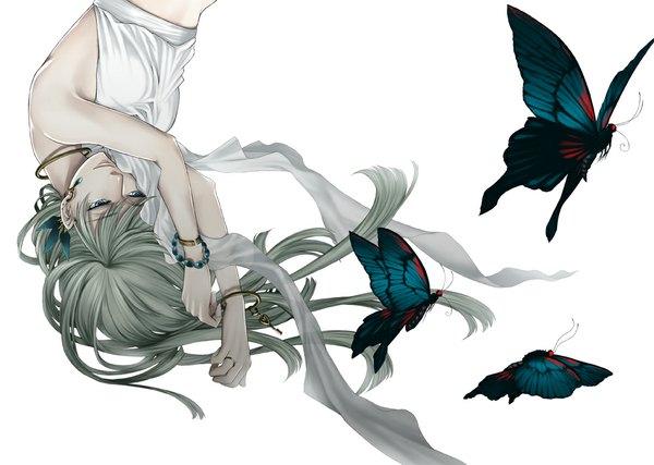 Anime picture 1000x713 with original time-flies (artist) single long hair blue eyes simple background white background looking away upper body lying grey hair piercing ear piercing flying upside down girl choker bracelet insect butterfly