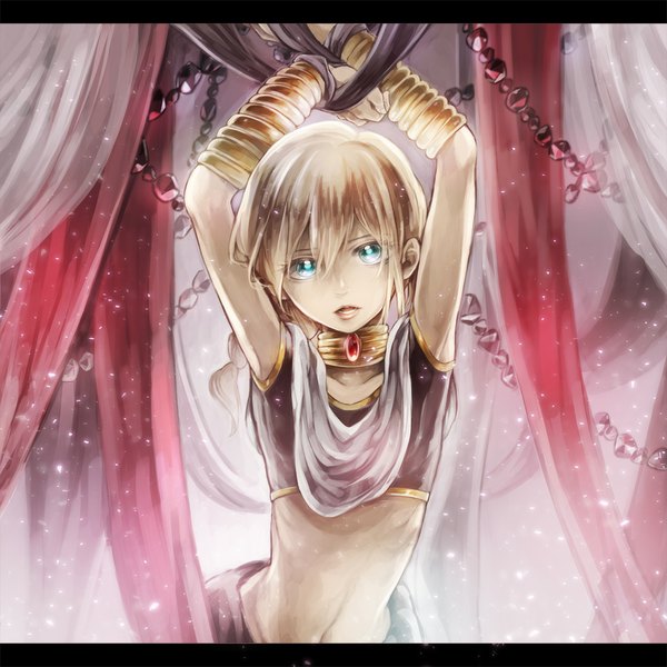 Anime picture 1000x1000 with magi the labyrinth of magic a-1 pictures titus alexius eim single long hair looking at viewer open mouth blue eyes blonde hair ponytail sparkle otoko no ko bound hands boy navel choker jewelry veil arabian clothes