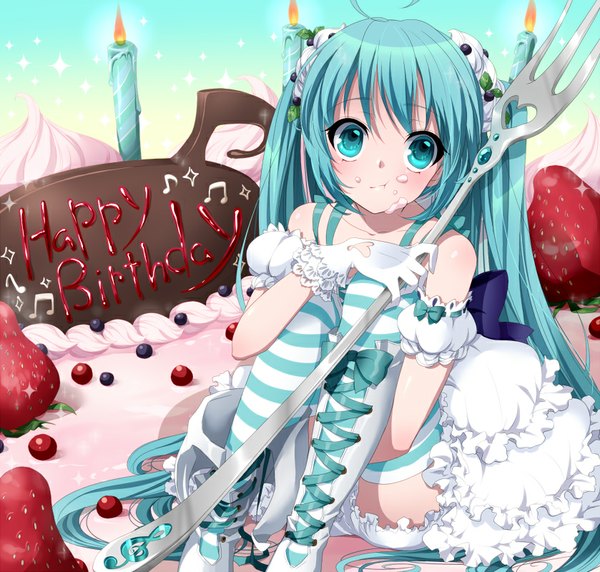 Anime picture 839x800 with vocaloid hatsune miku 221 (artist) single blush light erotic twintails bent knee (knees) very long hair aqua eyes aqua hair happy birthday food on face treble clef girl thighhighs dress gloves food boots