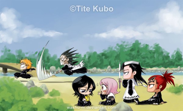 Anime picture 1210x733 with bleach studio pierrot kurosaki ichigo kuchiki rukia kuchiki byakuya abarai renji zaraki kenpachi kusajishi yachiru long hair short hair open mouth blue eyes black hair blonde hair smile red eyes brown hair wide image purple eyes multiple girls