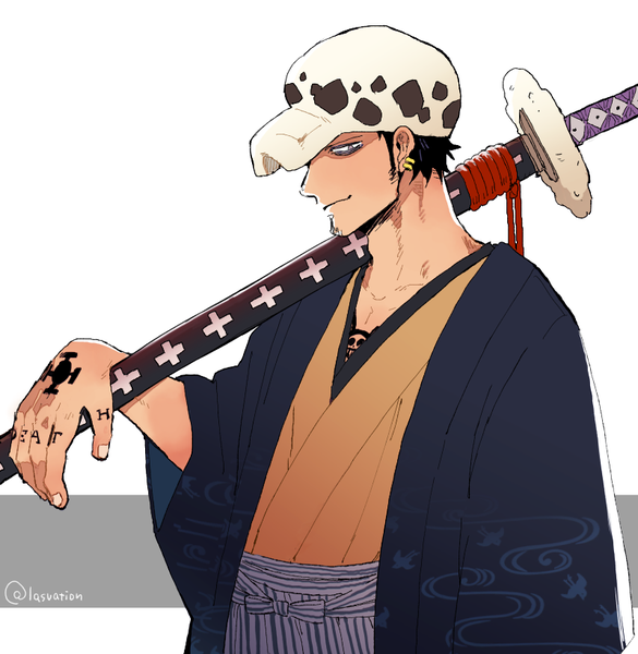 Anime picture 800x821 with one piece toei animation trafalgar law lasvation single tall image looking at viewer short hair black hair signed upper body traditional clothes japanese clothes profile twitter username piercing ear piercing sheathed weapon over shoulder boy