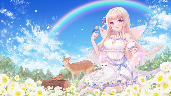 Anime picture 3840x2160 with original haruhitooo single long hair highres open mouth blonde hair wide image sitting purple eyes looking away absurdres sky cloud (clouds) outdoors :d wariza bird on hand girl dress