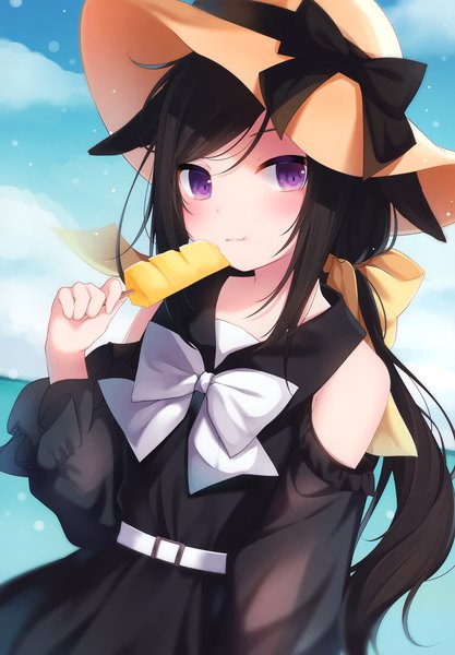 Anime picture 2440x3513 with original nachi single long hair tall image looking at viewer blush fringe highres black hair standing purple eyes twintails holding animal ears payot sky cloud (clouds) outdoors light smile