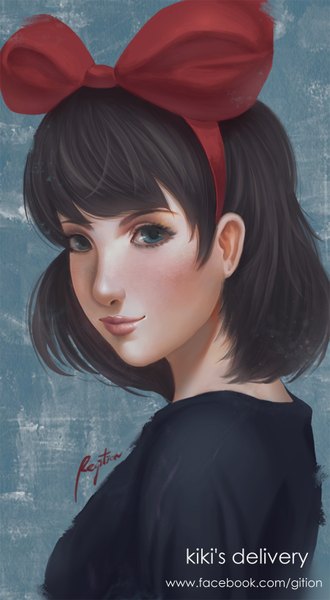 Anime picture 901x1636 with kiki's delivery service studio ghibli kiki regition single tall image looking at viewer blush short hair blue eyes black hair light smile lips girl bow hair bow