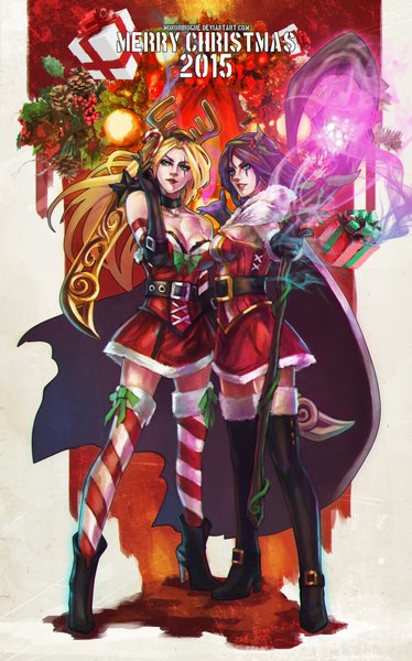 Anime picture 2374x3804 with league of legends katarina (league of legends) emilia leblanc monori rogue long hair tall image highres breasts blue eyes blonde hair multiple girls green eyes purple hair horn (horns) lips inscription christmas scar eyebrows merry christmas