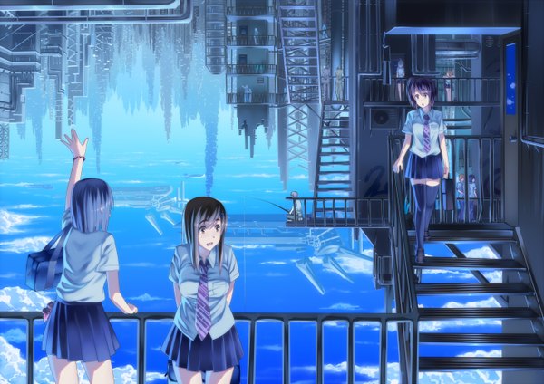 Anime picture 2828x2000 with original ac (eshi) highres short hair standing multiple girls looking away city hands behind back walking girl boy serafuku necktie 3 girls school bag stairs railing fishing rod