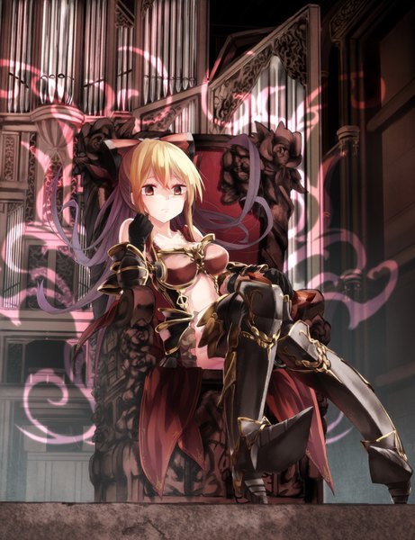 Anime picture 1080x1404 with granblue fantasy vira lilie saraki single long hair tall image blonde hair red eyes sitting bare shoulders looking away full body ponytail floating hair aura girl gloves bow black gloves armor
