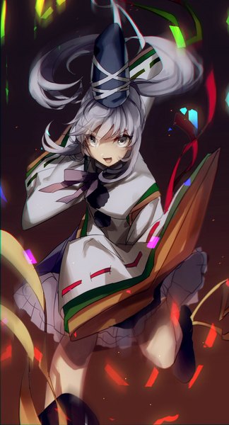 Anime picture 1109x2048 with touhou mononobe no futo no-kan single long hair tall image looking at viewer fringe open mouth payot bent knee (knees) ponytail long sleeves traditional clothes japanese clothes grey hair grey eyes running girl headdress