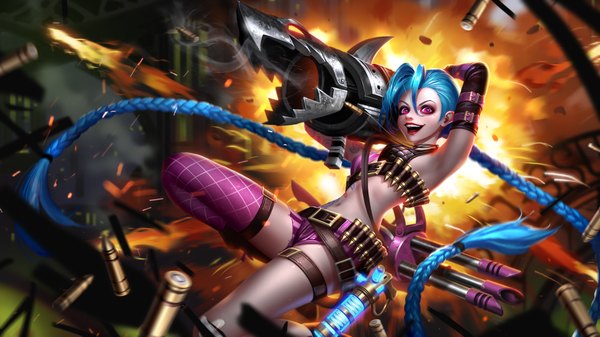 Anime picture 8000x4500 with league of legends jinx (league of legends) liang xing single looking at viewer fringe highres open mouth light erotic smile hair between eyes wide image holding blue hair absurdres bent knee (knees) braid (braids) very long hair pink eyes blurry