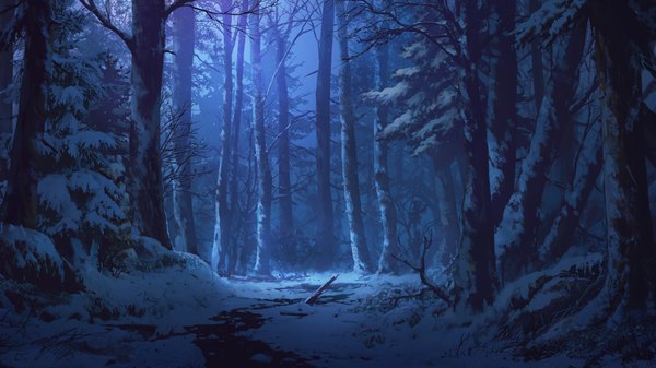 Anime picture 2667x1500 with original dao dao highres wide image night winter snow no people plant (plants) tree (trees) branch forest