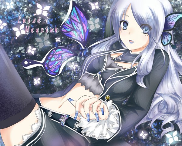 Anime picture 1000x804 with the king of fighters snk luise meyrink puracotte long hair blue eyes silver hair nail polish insect wings butterfly wings girl thighhighs hair ornament black thighhighs insect butterfly butterfly hair ornament