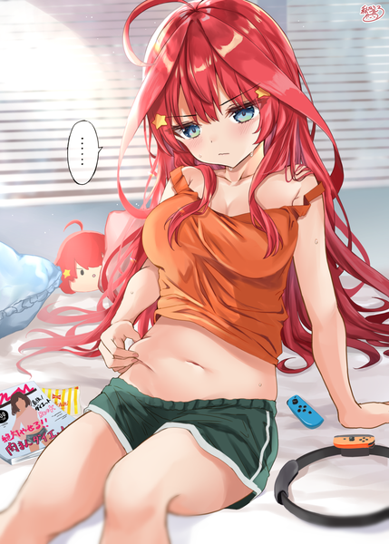 Anime picture 1500x2098 with go-toubun no hanayome ring fit adventure nakano itsuki akino ell single long hair tall image looking at viewer blush fringe breasts blue eyes light erotic hair between eyes large breasts sitting signed payot cleavage ahoge