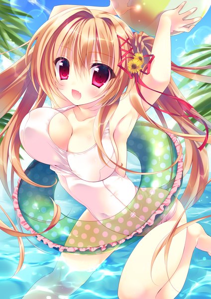 Anime picture 894x1264 with original amanagi seiji single tall image looking at viewer blush breasts open mouth light erotic blonde hair red eyes large breasts twintails cleavage very long hair girl ribbon (ribbons) swimsuit hair ribbon swim ring