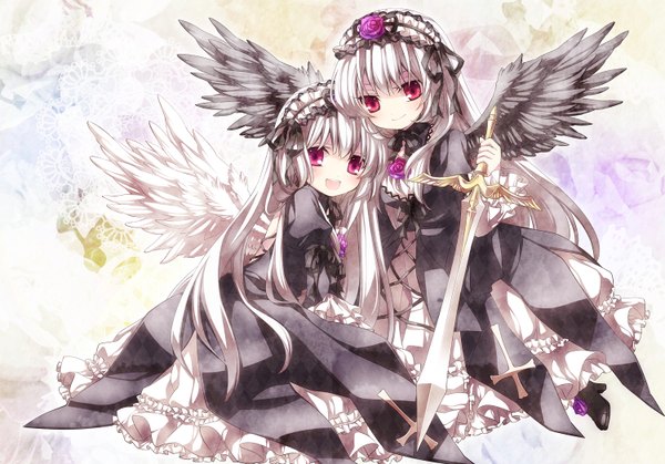 Anime picture 1500x1048 with rozen maiden suigintou moru long hair red eyes multiple girls white hair pink eyes loli black wings gothic girl dress weapon 2 girls sword wings bonnet