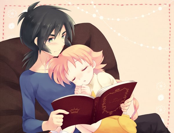 Anime picture 1000x765 with princess tutu ahiru arima fakir (tutu) kai aki (artist) long hair blush short hair open mouth black hair blonde hair sitting green eyes eyes closed couple single braid sleeping girl boy book (books)