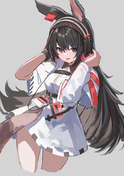 Anime picture 1191x1684 with arknights april (arknights) takashima shoa single long hair tall image looking at viewer fringe black hair simple background hair between eyes animal ears black eyes grey background girl dress white dress headphones infection monitor (arknights)