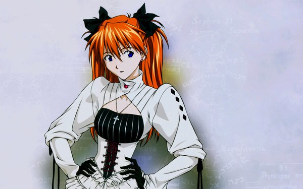 Anime picture 1680x1050 with neon genesis evangelion gainax soryu asuka langley fukano youichi single long hair blue eyes wide image twintails looking away parted lips orange hair grey background hand on hip third-party edit hands on hips gothic formal girl gloves