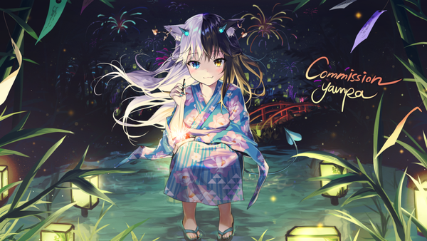 Anime picture 1422x800 with yampa single long hair looking at viewer blush fringe blue eyes black hair smile wide image sitting animal ears yellow eyes full body outdoors white hair tail blunt bangs nail polish traditional clothes