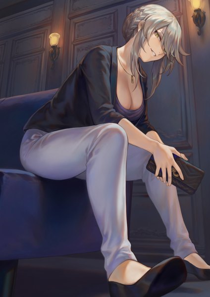 Anime picture 1302x1842 with fate (series) fate/grand order artoria pendragon (all) artoria pendragon (lancer alter) mashuu (neko no oyashiro) single tall image looking at viewer fringe short hair breasts light erotic blonde hair smile hair between eyes large breasts sitting holding yellow eyes payot