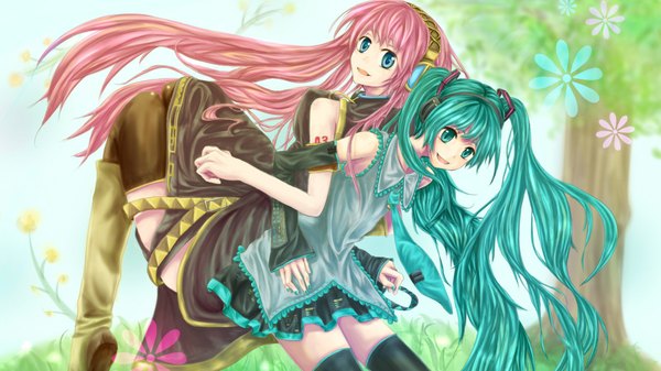 Anime picture 1920x1080 with vocaloid hatsune miku megurine luka long hair highres blue eyes wide image twintails multiple girls green eyes pink hair aqua hair back to back girl thighhighs 2 girls detached sleeves hairband