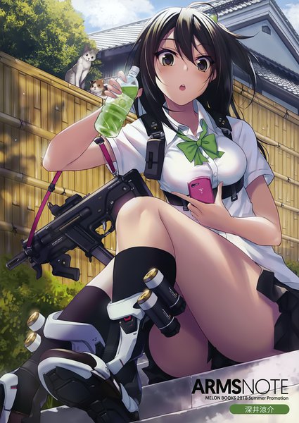 Anime picture 2481x3500 with melonbooks arms note fukai ryosuke single long hair tall image looking at viewer blush fringe highres breasts open mouth light erotic black hair hair between eyes sitting holding brown eyes sky cloud (clouds)