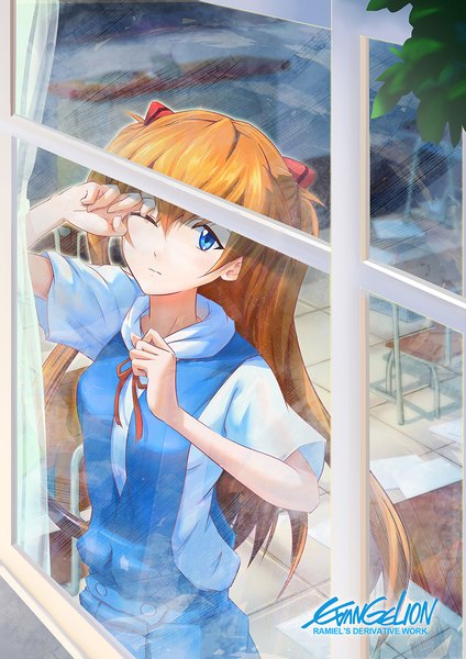Anime picture 905x1280 with neon genesis evangelion gainax soryu asuka langley ramiel (artist) single long hair tall image looking at viewer fringe breasts blue eyes hair between eyes standing twintails signed payot indoors one eye closed orange hair short sleeves