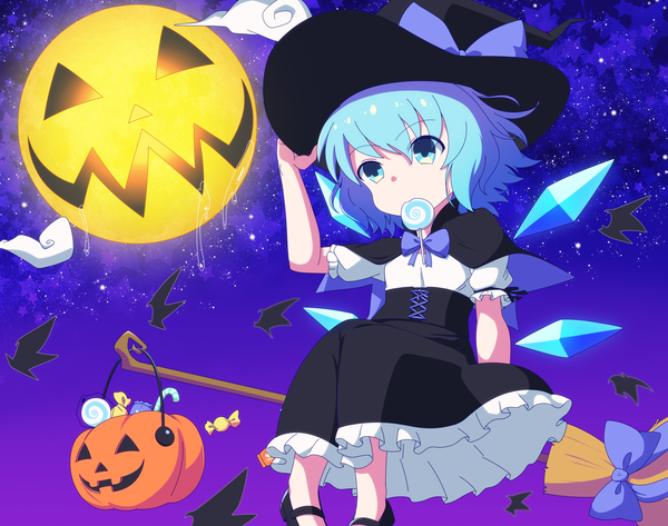 Anime picture 3800x3000 with touhou cirno shikabane homura single highres short hair blue eyes holding blue hair looking away absurdres short sleeves puffy sleeves mouth hold halloween adjusting hat broom riding girl dress hat