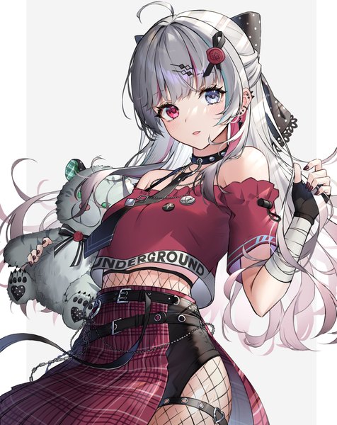 Anime picture 2300x2900 with virtual youtuber nijisanji ishigami nozomi myske (myst34415756) single long hair tall image looking at viewer highres simple background silver hair ahoge nail polish grey background heterochromia half updo fishnet girl gloves bow
