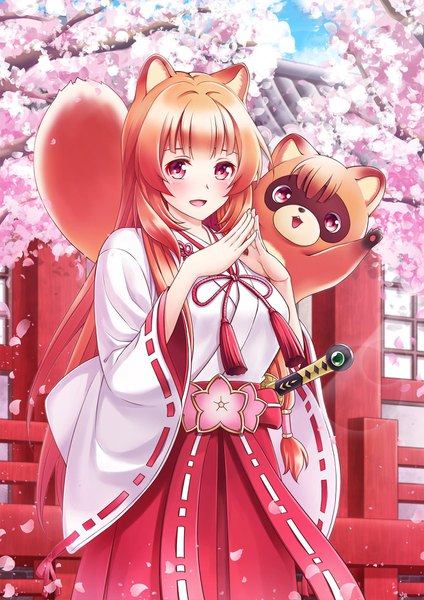 Anime picture 1240x1754 with tate no yuusha no nariagari kinema citrus raphtalia raph-chan myudon18 single long hair tall image looking at viewer blush fringe open mouth red eyes brown hair standing animal ears payot sky cloud (clouds) outdoors